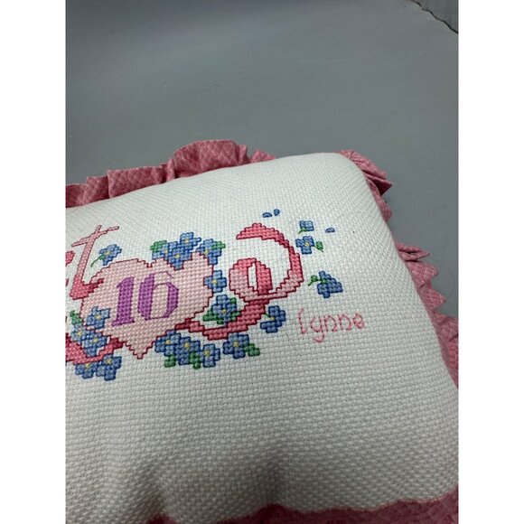 Handmade Cross-Stitched Sweet 16 Lynne Pillow With Pink Ruffled Edges & Floral D - Picture 2 of 8